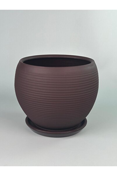 odka Küre Saksı Tabaklı 37cmx37cm Çizgili Büyük Boy Saksı Mat Bordo