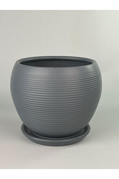odka Küre Saksı Tabaklı 37cmx37cm Çizgili Büyük Boy Saksı Mat Koyu Füme