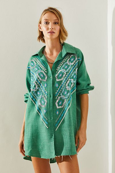 Bianco Lucci Embroidered Sequin Oversize Women's Shirt - 5948 60251481