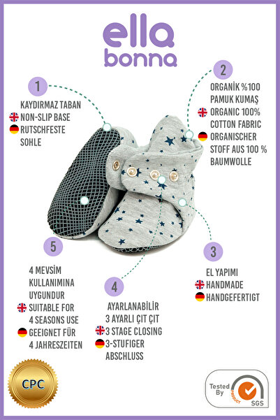 Ella Bonna Organik Pamuk Bebek Patiği, Kaydırmaz Taban, Pamuklu Yenidoğan Pandufu Ev Kreş Ayakkabı