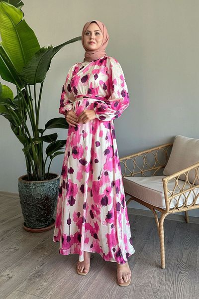 InStyle Fuchsia Satin Dress - Floral and Belted