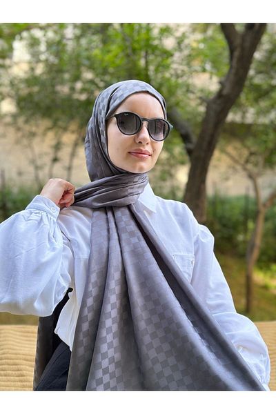 shalby Hijab Silky Cotton Jacquard Small Checker Pattern Shawl Anthracite