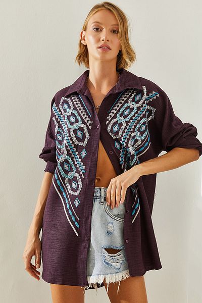 Bianco Lucci Embroidered Sequin Oversize Women's Shirt - 5948 60251481