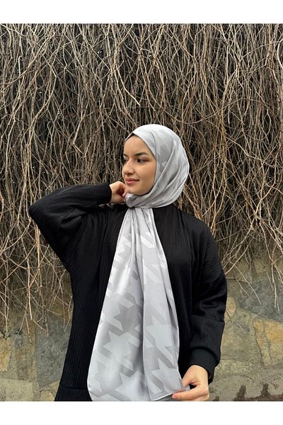 shalby Hijab Silky Cotton Jacquard Large Houndstooth Patterned Shawl Silver