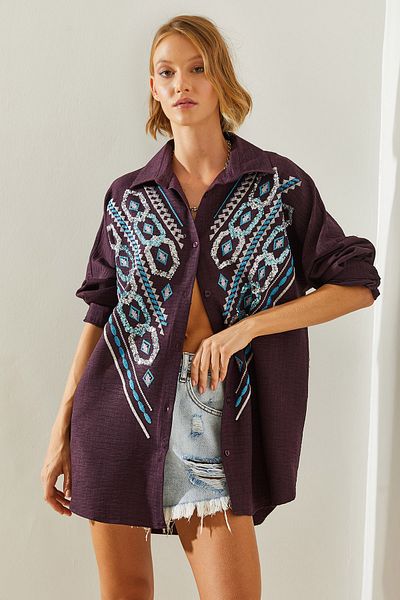 Bianco Lucci Embroidered Sequin Oversize Women's Shirt - 5948 60251481