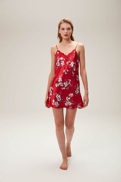 Rubina Secret Satin Rope Strap Nightdress and Tunic - Floral Pattern, Lace Detailed Low-cut, Elegant Appearance