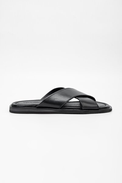 Valmenti Ανδρικές φλατ παντόφλες Lorenzo - Μαύρες από γνήσιο δέρμα