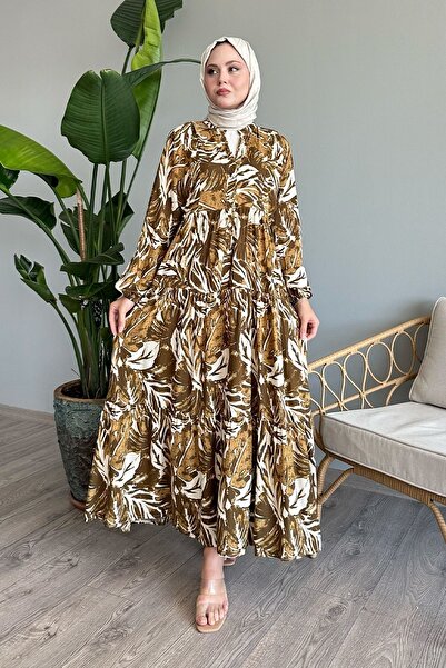 InStyle Khaki Viscose Dress - Abstract Balloon Sleeve Design