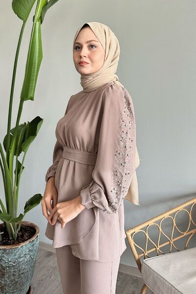 InStyle Kolu İnci Beli Büzgülü Bej Takım