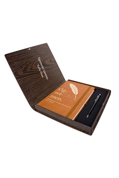 Kitaplı Hediye Ahşap Kutusunda Öğretmen Tasarımlı Ajanda ve Kalem Seti