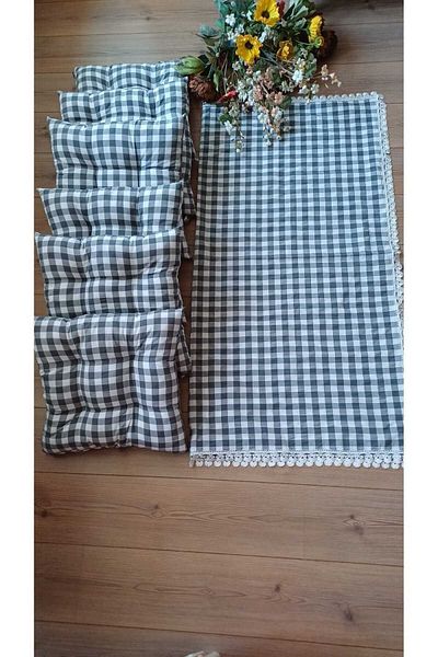 Marin Tasarım Evi Gray Picnic Cloth Set - 6 Pieces 40x40 Cushion 170x170 Table Cloth
