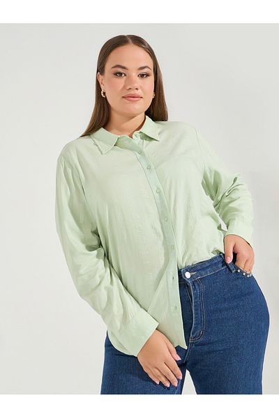 Styli Plus Size Solid Cotton Cuffed Sleeve Button Down Shirt