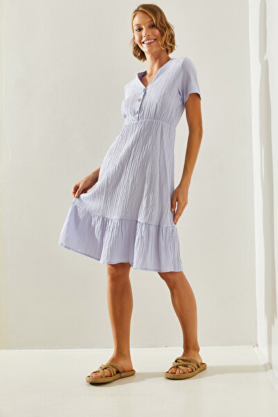 Bianco Lucci Kadın V Yaka Müslin Kumaş Kısa Kollu Basic Elbise 2282 60251464