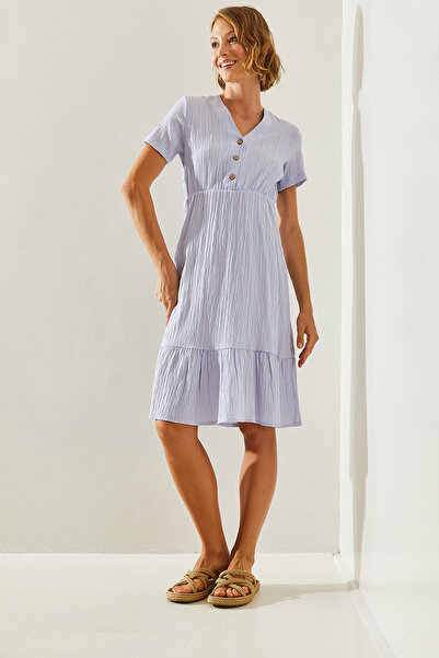 Bianco Lucci Kadın V Yaka Müslin Kumaş Kısa Kollu Basic Elbise 2282 60251464