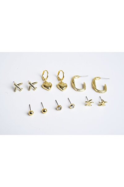 EUROMODA Kalp Yıldız ve Uçak Figürlü Gold Renkli Halka Tektaş ve Top Küpeli 6lı Unisex Küpe Seti