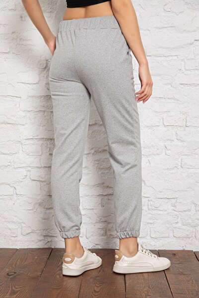 MyBen Γυναικεία γκρι Melange Pocket Λεπτομερής αθλητική φόρμα στο κάτω μέρος Slm047