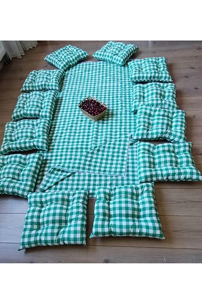 Marin Tasarım Evi Green Large Checkered Picnic Cloth Set - 12 Pieces 40x40 Cushion 170x200 Table Cloth