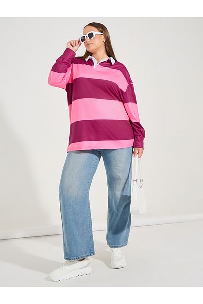 Styli Plus Size Color Block Striped Collared Long Sleeve Oversized Polo T-shirt