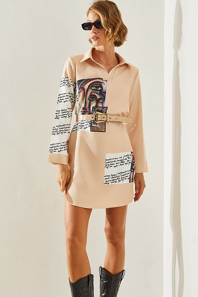 Bianco Lucci Rochie de damă cu imprimeu digital și curea - guler cămașă, buzunar 22241 60251618