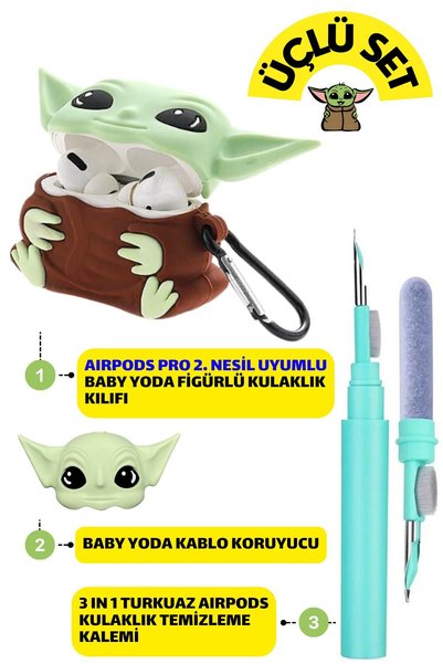EWEC Pro 2. Nesil Uyumlu Yoda Figürlü Kılıf, Kablo Koruyucu ve Turkuaz 3 in 1...