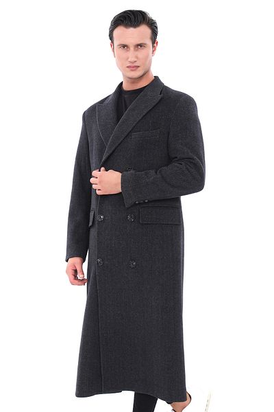 ŞAN GİYİM 4439 Men's Smoked Herringbone Patterned Long Double Breasted Coat with Belt