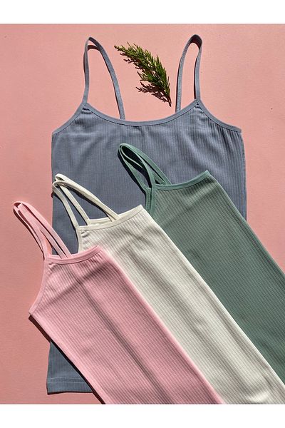LEYNA BUTİK Women's 4 Pieces Corded, Cotton, Lycra, Ribbed Blouse with Rope Straps (Green-Pink-Blue-Ecru)