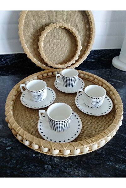 BOHEM Dekoratif Tepsi Seti Boncuklu , Hasır Sepet ,rafya Tepsi, Boncuklu Tepsi