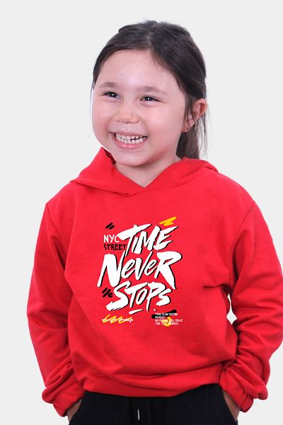 panios kids Time Never Stops Printed Girl's Hooded Red Sweatshirt