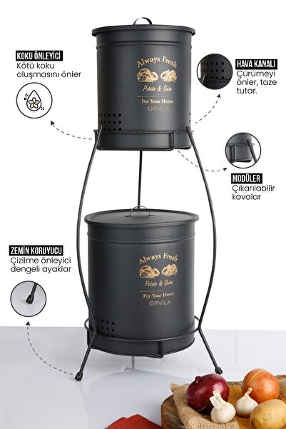 Orvila 2 Katlı Metal Patates Soğanlık Kovası Çeyizlik Sebzelik Saklama Kabı -...