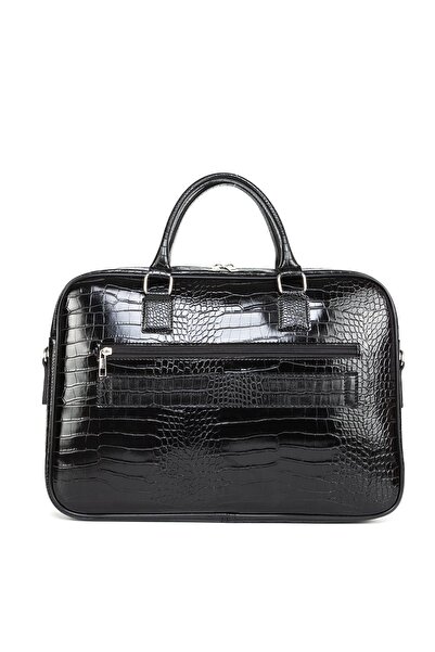 akcaglow Macbook Organizer Laptop Evrak Çantası 13" & 14" Inç Vegan Deri Yılan Desenli Siyah