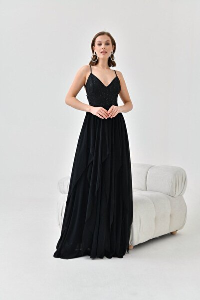 lovebox Şifon Üstü Pullu Kadın Abiye Elbise - Sırtı Çapraz Dantel ve Düğme Detaylı Belde Kordonlu 9348