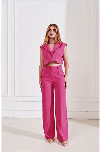 Rabia Çelik Fuchsia Women's Jacket and Trousers Set - Pocket Detailed Dress