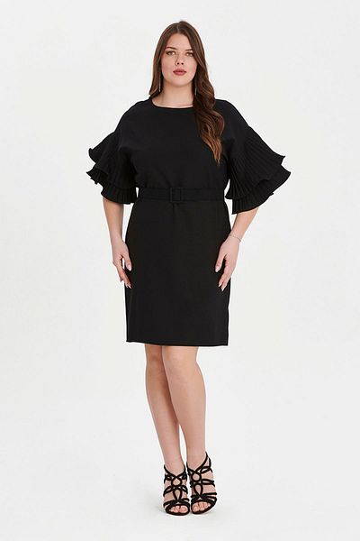 EVEN plus size Black Sleeve Flounce Midi Plus Size Dress