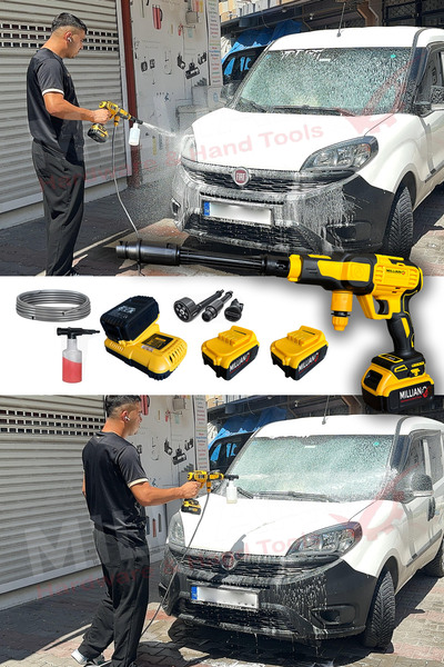 Millian Basınçlı 10 Pilli 2 Akülü Şarjlı Oto Yıkama + 2 Ton Timsah Kriko + 12V Kompresör ve Tamir Kiti