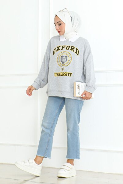 Bestenur Gray Oxford Printed Tunic - Shirt Collar, Model 1100