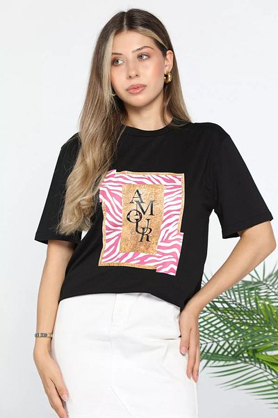 GÜLSELİ Tricou negru cu imprimeu pentru damă