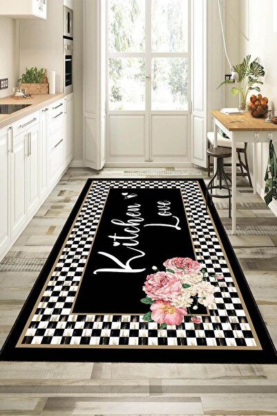 Viva Home Siyah Kaymaz Tabanlı Kitchen Love Mutfak Halısı Yolluk VH093