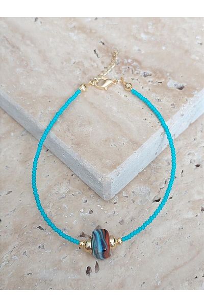 Quella Takı Blue Glass Anklet with Bead Detail
