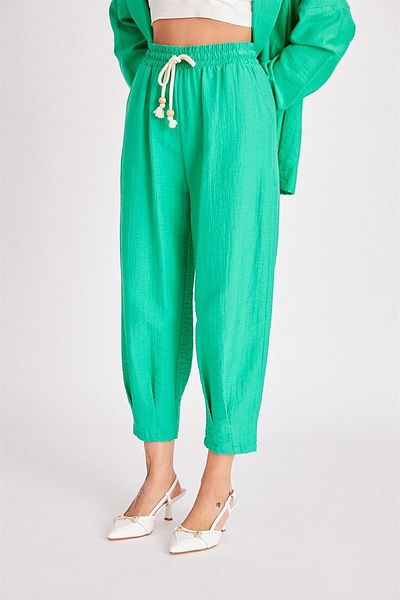 Suzi butik Green Pleated Women's Trousers - Elastic Waist