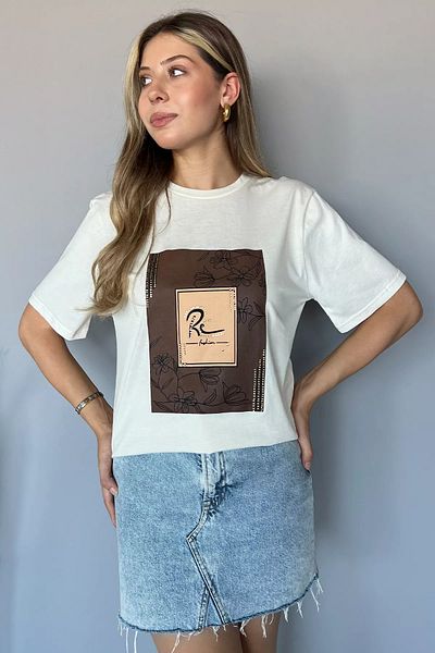 GÜLSELİ Tricou de damă Crew Neck Cream - Imprimat