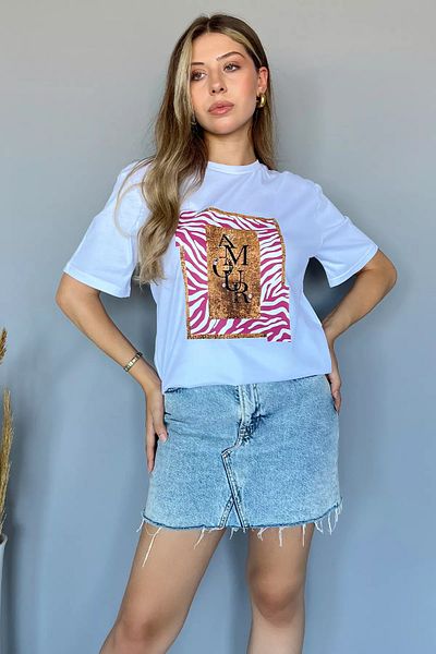 GÜLSELİ Tricou de damă alb cu gât crew - imprimat