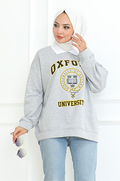 Bestenur Gray Oxford Printed Tunic - Shirt Collar, Model 1100