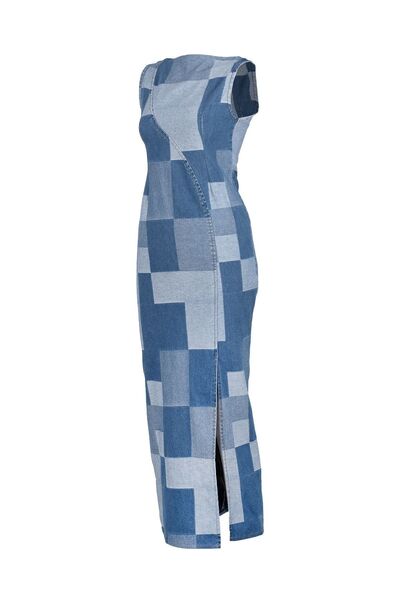 RUCHA Renk Bloklu Yırtmaçlı Denim Elbise
