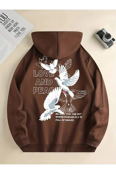 npLStore Χειμερινό φούτερ με κουκούλα Unisex Love Peace Printed Oversize - 3 νήματα