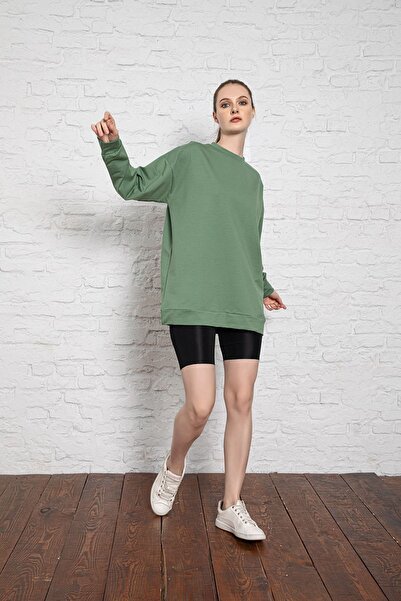 MyBen Unisex Uzun Kollu Iki Iplik Haki Oversize Sweatshirt Irf061