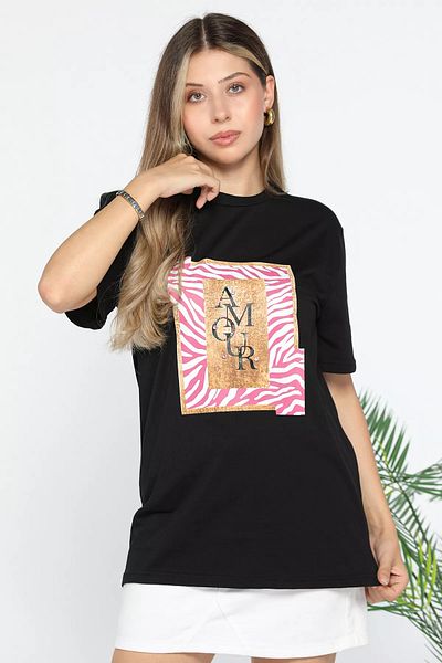 GÜLSELİ Tricou negru cu imprimeu pentru damă