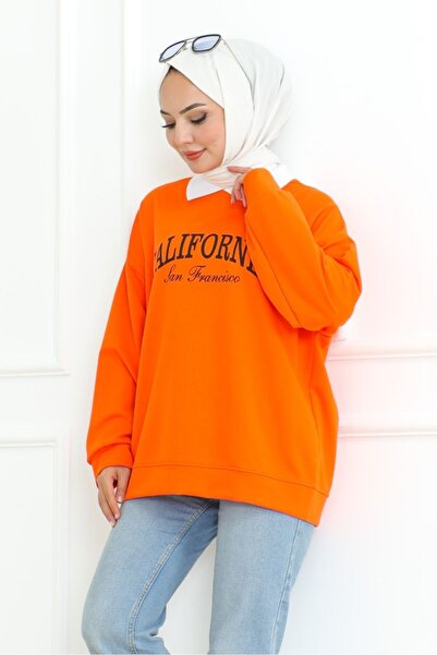 Bestenur Orange California Printed Shirt Collar Tunic 1099