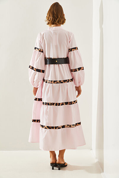 Bianco Lucci Leopard Print Women's LonG Shirt Dress - Stripe Detailed, Model 21751 60251632