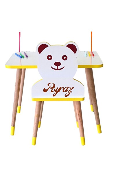 LİVA AHŞAP Çocuk Ders Çalışma Masa Sandalye Takımı 2-6 Yaş Sarı Ayıcıklı