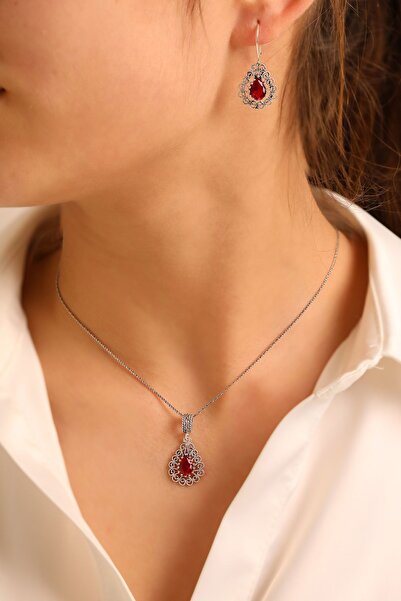 ADA LİFE GÜMÜŞ 925 Ayar Gümüş Taşlı Damla Model Oksitli Telkari Kadın Set (ÖZEL KUTULU)